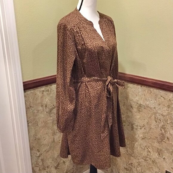 Gap XL NWT Leopard Animal Print Belted Long Sleeve Dress Brown Pockets - Picture 3 of 10